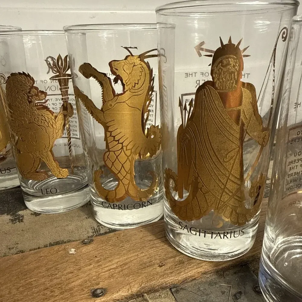 Vintage Glass Zodiac Tumblers 22k Gold Astrology